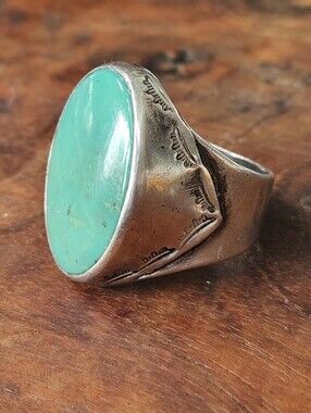 Old Pawn Navajo Large Green Turquoise Statement Sterling Silver Ring Sz 12.5
